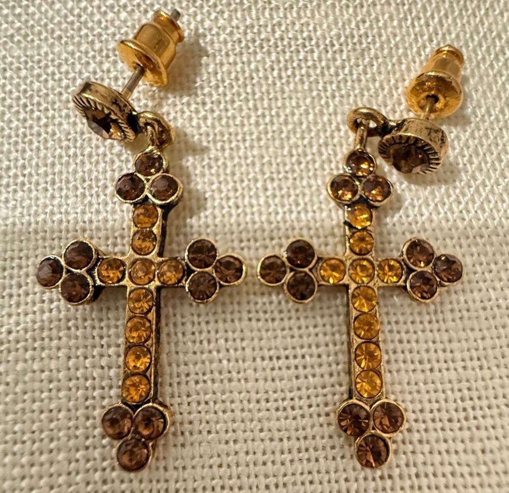 Vintage Gold Tone Cross Post Dangle Earrings Floral Accent
